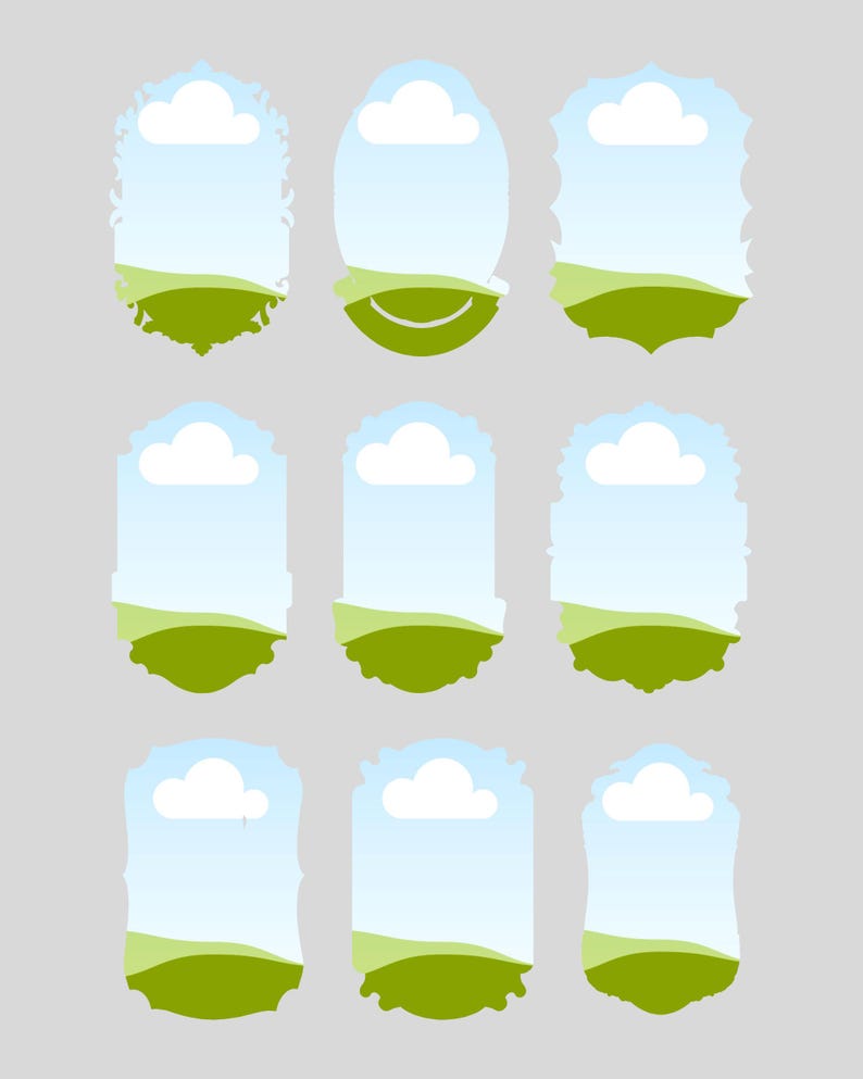 K&ouml;nnte beinhalten: Neun dekorative Rahmen mit Landschaftsdesign. Jeder Rahmen zeigt einen blauen Himmel mit einer wei&szlig;en Wolke, einen gr&uuml;nen H&uuml;gel und einen dekorativen Rand. Die Rahmen sind auf einem hellgrauen Hintergrund angeordnet.