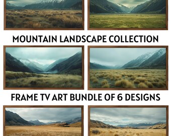 May include: A set of six framed landscape photographs featuring mountain ranges and valleys with a cloudy sky. The photos are arranged in a grid with the text "Mountain Landscape Collection" and "Frame TV Art Bundle of 6 Designs" at the top and bottom of the grid, respectively.