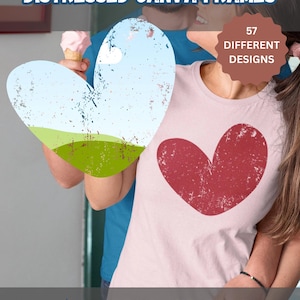 Puede incluir: Imagen de una camiseta rosa claro con un diseño de corazón rojo desgastado. Se muestra el texto "DISTRESSED CANVA FRAMES" y "EASY DRAG AND DROP". Un gráfico indica "57 DIFFERENT DESIGNS".