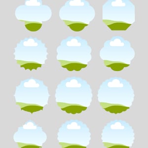 K&ouml;nnte beinhalten: Eine Sammlung von zw&ouml;lf dekorativen Rahmen in verschiedenen Formen, darunter Kreise und Polygone. Jeder Rahmen zeigt eine Landschaft mit blauem Himmel, wei&szlig;er Wolke und gr&uuml;nen H&uuml;geln, vor einem hellgrauen Hintergrund.