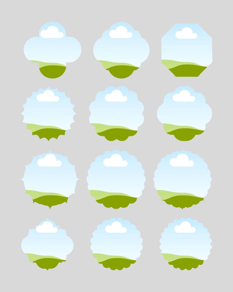 K&ouml;nnte beinhalten: Eine Sammlung von zw&ouml;lf dekorativen Rahmen in verschiedenen Formen, darunter Kreise und Polygone. Jeder Rahmen zeigt eine Landschaft mit blauem Himmel, wei&szlig;er Wolke und gr&uuml;nen H&uuml;geln, vor einem hellgrauen Hintergrund.