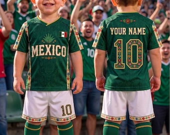 Personalized Mexico Soccer Kids Set, Custom Name Number Kids Tee, Mexico Football Fan Gift, Mexico Fan Shirt & Shorts, Mexico Fan Gifts