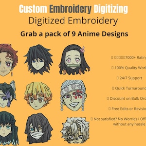 9 Paquete de anime, Digitalización de bordados, Bordado personalizado / Brother PES / diseño de logotipo / Archivos, xxx, DST, PES