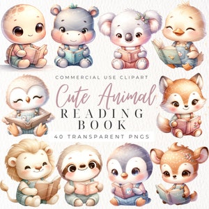 Schattige dieren leesboek clipart, verhalenboek, kinderkamer decor kunst, Kids Party uitnodigingen DIY, scrapbooking, schattige dieren