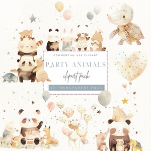 Lindos animales de fiesta con globos flores conejo clipart, garabato de acuarela, gráficos de animales, PNG, zorro, panda, tortuga, panda rojo, arte infantil