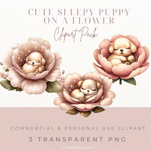 Adorabile cucciolo di cane assonnato carino che dorme sul pacchetto di clipart di fiori / Download digitale, ClipArt di vivaio, Animali, Acquerello, Baby Shower