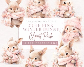 Pink Winter Bunny Clipart, Watercolor Rabbit PNG (Digital Download)