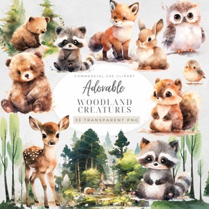 Woodland Animal Watercolour Clipart, Cute Forest Baby Animal in Nature, Nursery Art, Bear, Bunny, Fox, Tree