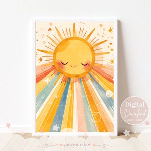 Watercolor Sun Poster, Sun Playroom Decor, Watercolour Nursery Prints, Sunshine Wall Art, Girls Room Decor, Digital Download