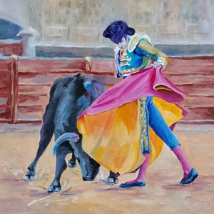 Bull and Bullfighter painting on canvas Bull art Matador acrylic painting Corrida art Spain Abstract painting