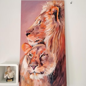 Löwen Acrylmalerei, verliebte Löwen und Löwin abstrakt, handgemaltes Bild