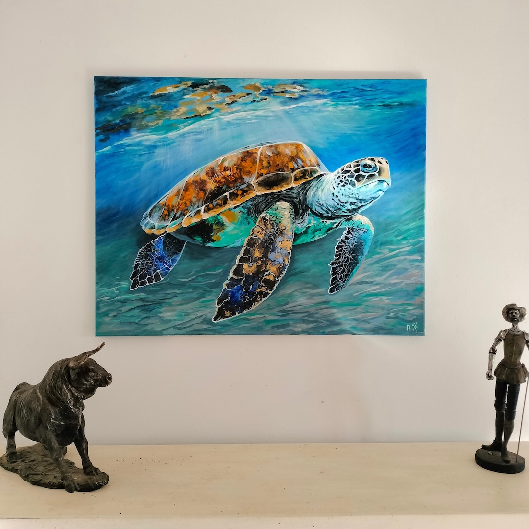 Sea Turtle Acrylic Painting, Abstract Ocean Wall Art, Beach House Decor ...