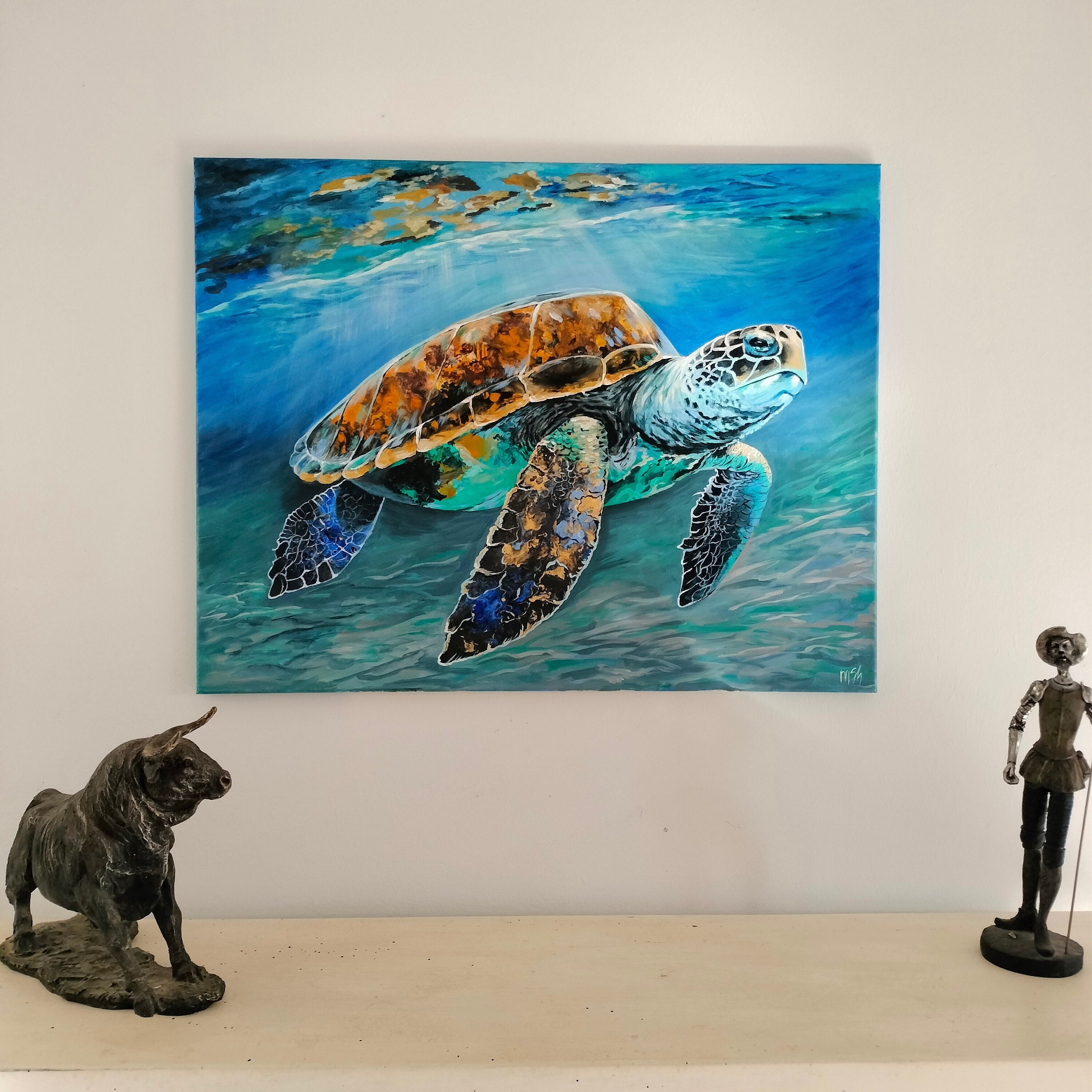 Peinture Turtle avec tortue marine, peinte à la main, bleu‑orange