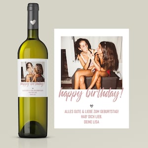 Personalisiertes Weinetikett "Happy Birthday", Geburtstags-Flaschenetikett mit Foto & Namen,  ideales Geschenk mit Foto - rosa