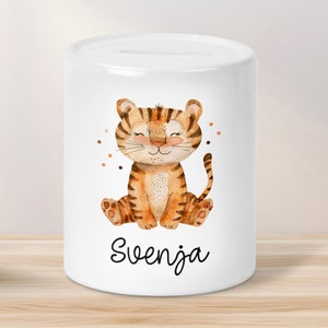 Personalisierte Kinder Spardose Tiger Tier mit Namen optional mit Datum - Gelb - Geschenk für Junge & Mädchen zum Geburtstag Weihnachten