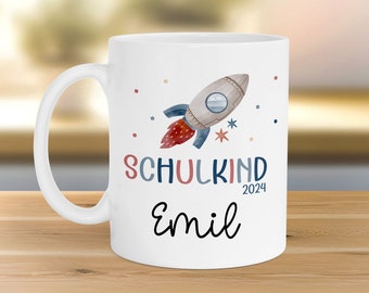 Schulkind 2025 Rakete Tasse Personalisiert mit Wunschnamen Kindertasse mit Namen zur Einschulung
