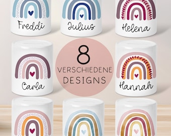 Personalisierte Kinder Spardose Regenbogen Aquarell mit Namen Wunschname und Datum -Geschenk für Jungen & Mädchen zum Geburtstag Weihnachten