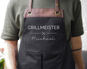 Grillschürze Grillmeister personalisiert für Männer mit Kunstleder Applikation zum 60. Geburtstag -Baumwollschürze, Küchenschürze, Geschenk