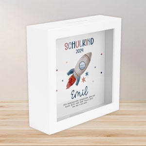 Spardose Rakete Schulkind 2025 Einschulung mit Wunschname Name Kind personalisiert Kinder Geburtstagsgeschenk mit optionalen Wunschtext