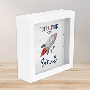 Einschulung Spardose Rakete Schulkind 2025 mit Wunschname Name Kind personalisiert Kinder Geburtstagsgeschenk mit Wunschtext