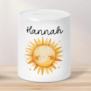 Spardose Sonne Personalisiert aus Keramik mit Namen - Gelb - Geschenk für Junge & Mädchen zum Geburtstag Weihnachten Nikolaus Sparschwein