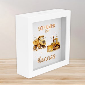 Schulkind 2025 LKW & Kipper Spardose mit Wunschname Fee Name Kind personalisiert Kinder Geburtstagsgeschenk Einschulung mit Wunschtext
