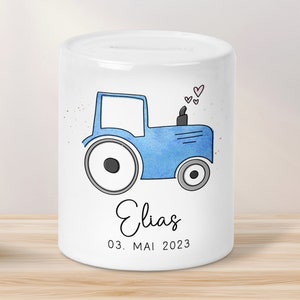 Traktor Blau Personalisiert Spardose Trecker mit Wunschname - Sparschwein -Geschenk-Geburtstag-Weihnachten-Geldgeschenk mit Wunschtext