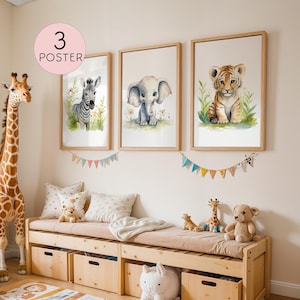 Wandbild 3er Wandposter Baby Zebra Elefant Tiger - Safari - Kinderzimmer - Tierposter - Kinderbild - Wanddeko - Sofort Download - Bilder
