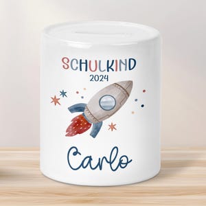 Schulkind 2025 Spardose für Kinder Personalisiert Rakete Weltraum mit Namen - Blau - Geschenk für Junge & Mädchen zum Geburtstag Weihnachten