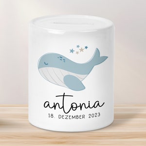 Personalisierte Spardose Wal - mit Namen personalisiert - Geschenk für Jungen & Mädchen zum Geburtstag Weihnachten - Für Kinder zum sparen