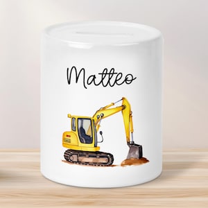Spardose Schaufelbagger mit Namen aus Keramik - Personalisiert - Baustelle - Geschenk für Junge & Mädchen - Geburtstag - Sparschwein - Geld
