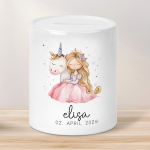 Spardose Einhorn & Prinzessin Name Personalisiert für Mädchen zum Geburtstag, Taufe Kommunion Firmung Konfirmation, Weihnachten - Keramik