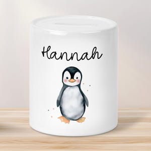 Spardose Pinguin mit Namen aus Keramik - Personalisiert - Geschenk für Junge & Mädchen zum Geburtstag Weihnachten Nikolaus Sparschwein
