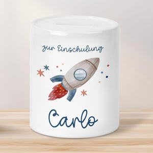 Einschulung Spardose Rakete für Kinder - Personalisiert Rakete Weltraum und Namen - Geschenk für Junge & Mädchen zur Einschulung Schule