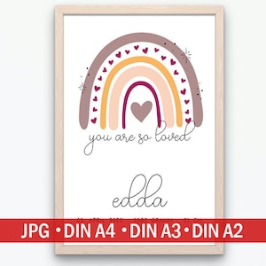 Personalisiertes Poster Geburtsposter in DIN A4 mit Regenbogen, Wunschname, Kinderzimmer Poster Name, Geschenk Baby, Geschenk zur Geburt