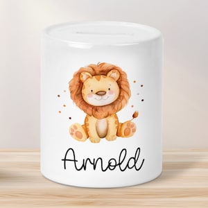 Personalisierte Kinder Spardose Löwe Tier mit Namen optional mit Datum - Gelb - Geschenk für Junge & Mädchen zum Geburtstag Weihnachten