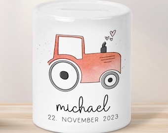 Personalized money box tractor tractor red with desired name - piggy bank gift birthday Christmas money gift with desired text