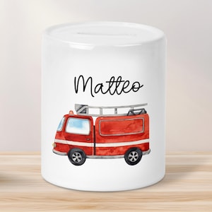 Spardose Feuerwehrwagen mit Namen aus Keramik - Personalisiert - Feuerwehr - Geschenk für Junge & Mädchen - Geburtstag - Sparschwein - Geld