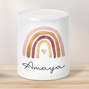 Personalisierte Kinder Spardose Regenbogen Aquarell mit Namen und Datum - Orange - Geschenk für Mädchen zum Geburtstag Weihnachten Firmung