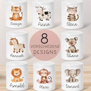 Personalisierte Kinder Spardose Tiere mit Namen optional mit Datum Geschenk für Junge & Mädchen zum Geburtstag Weihnachten, Löwe, Pferd