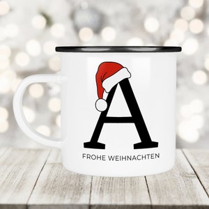 Emaille Weihnachts-Monogramm-Tasse Frohe Weihnachten - Merry Christmas - mit Anfangsbuchstabe und Wunschnamen - Nikolaus Monogramm Glühwein