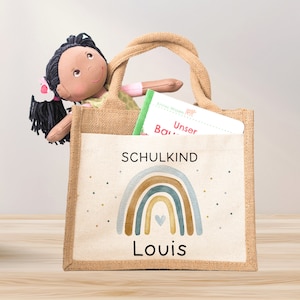School enrollment bag rainbow school child with desired name | Jute pocket | Personalized | Heart as a gift bag for the start of school - 1 day of school
