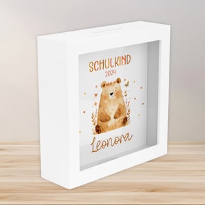 Spardose zur Einschulung Bär Schulkind 2025 mit Wunschname Name Kind personalisiert Kinder Geburtstagsgeschenk mit Wunschtext