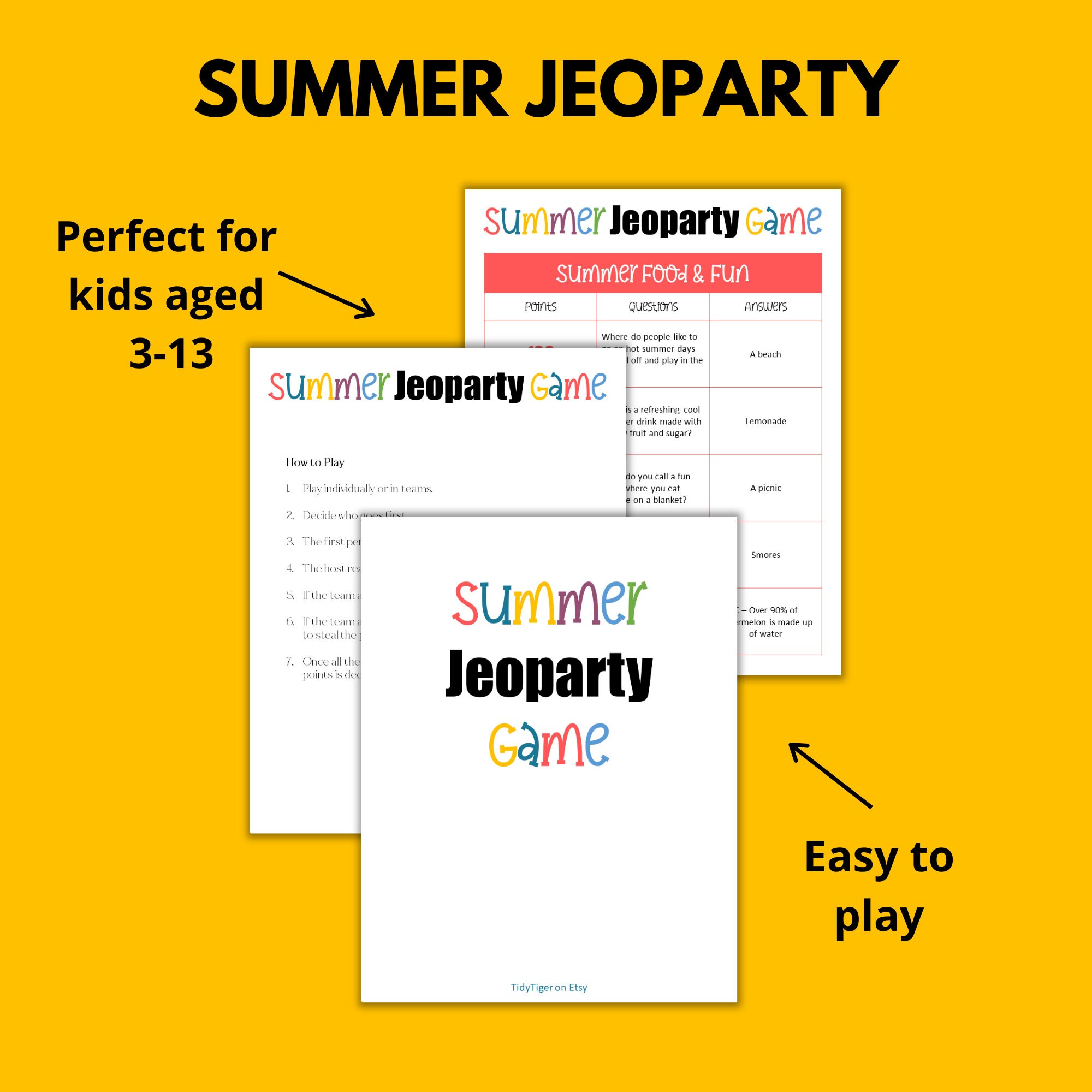Summer Game Jeopardy Game Family Fun Kid Friendly Summer Etsy Canada