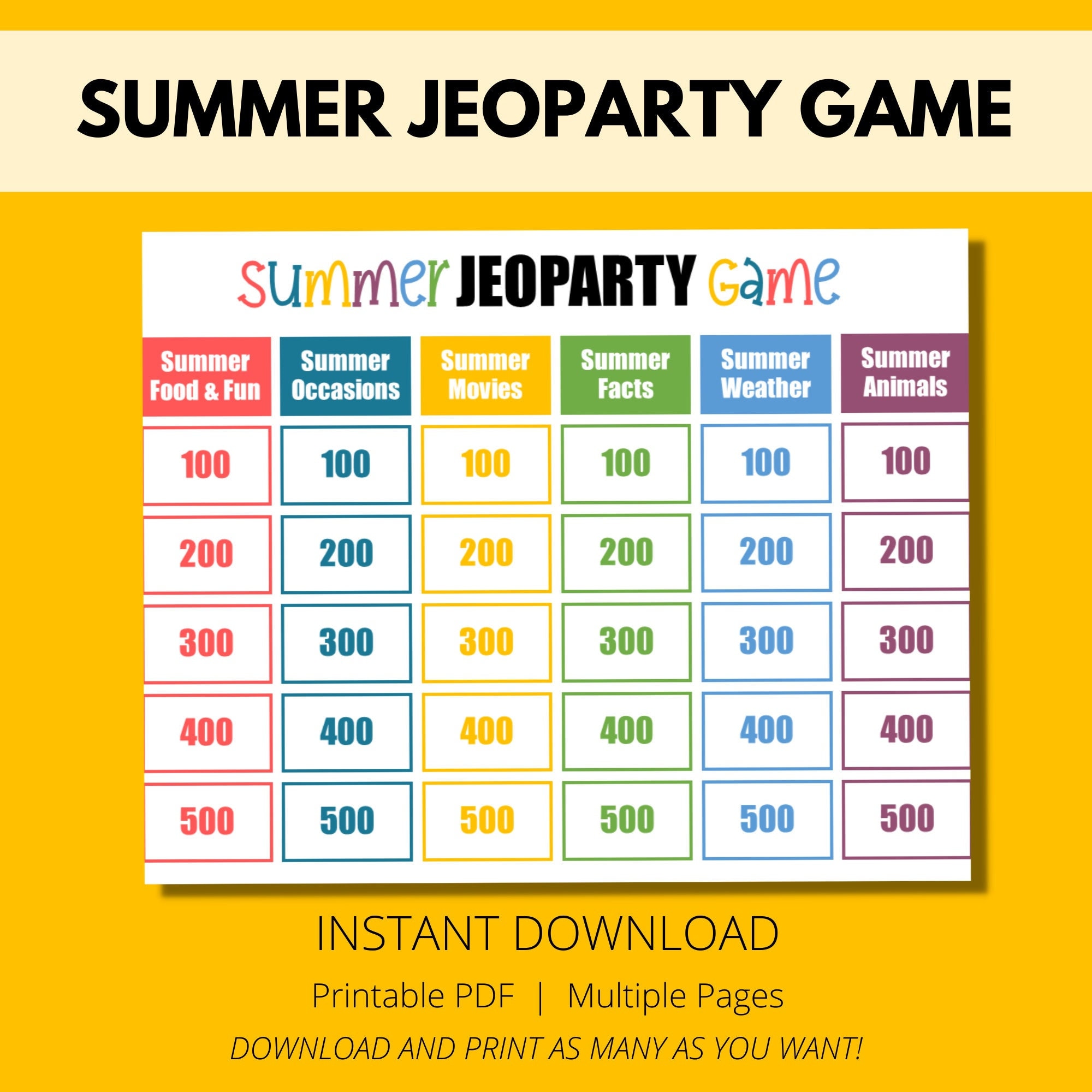 Summer Game Jeopardy Game Family Fun Kid Friendly Summer - Etsy Canada