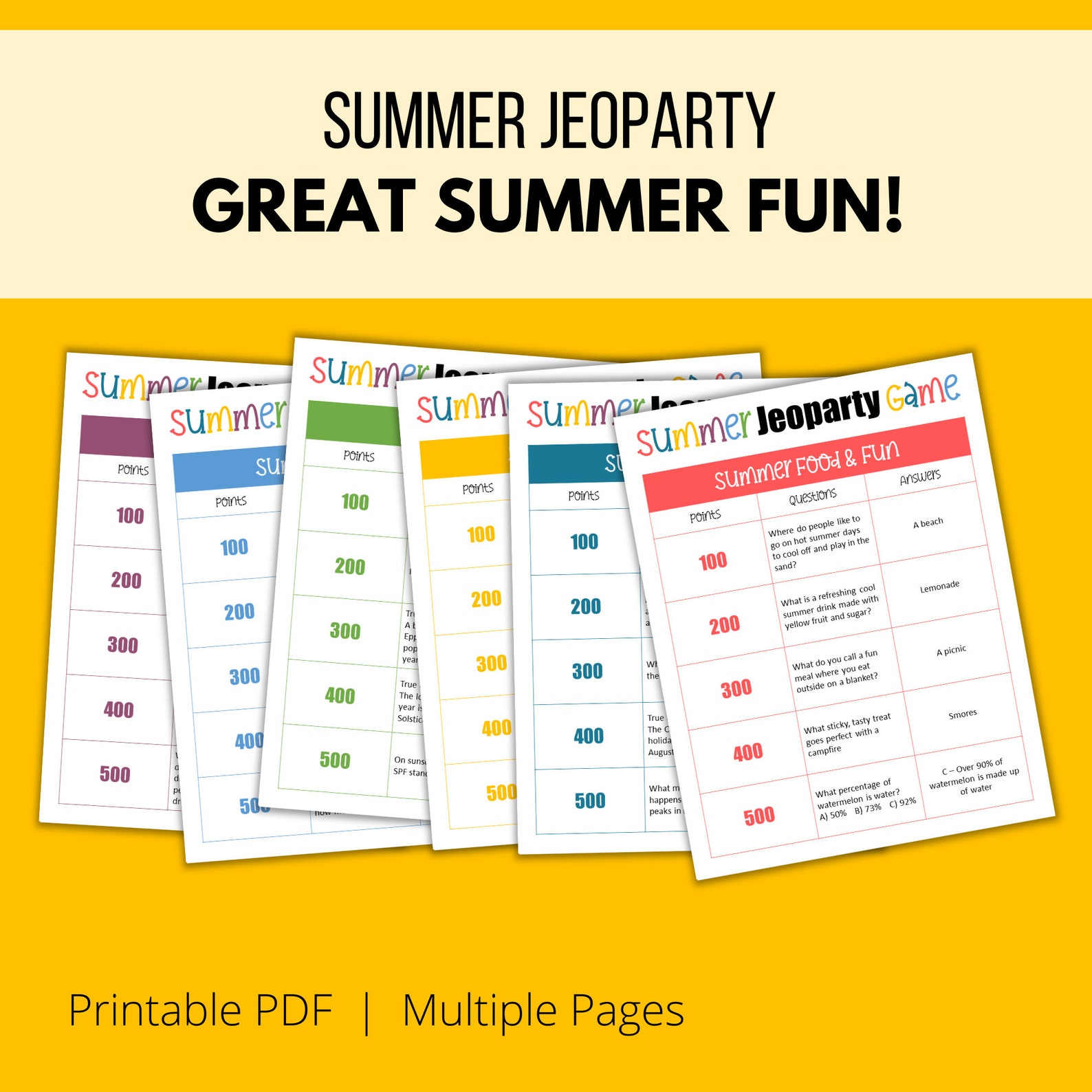 Summer Game Jeopardy Game Family Fun Kid Friendly Summer Etsy Canada