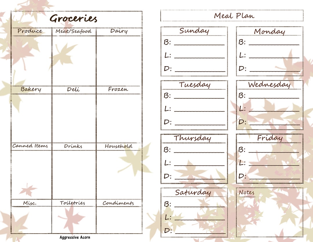 Autumn Leaf Themed Blank Weekly Meal Planner and Grocery Organizer ...