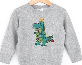 Christmas Tree Dinosaur Kids Sweatshirt-Cute Holiday Dinosaur Kids Crewneck Sweatshirt