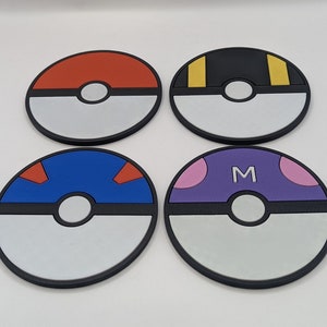 Juego de 4 posavasos para bebidas de Pokémon Pokeball, regalo de juego para jugadores, decoración para fanáticos de Pokémon, Poké Ball Great Ball Ultra Ball Master Ball impresa en 3D