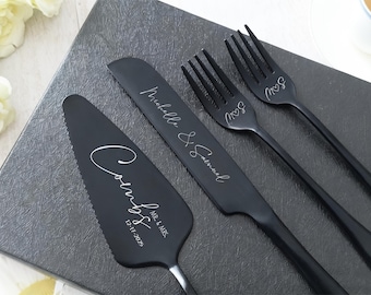 Cuchillo, tenedor y servidor de tarta de boda personalizados, juego de corte de acero inoxidable grabado